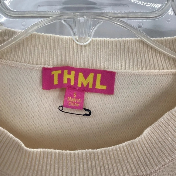 T H M L Women’s Sheer Puff Sleeve Sweater Top Creme NWOT Size Small - Picture 6 of 8